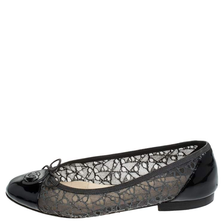 Chanel Two Tone Lace and Patent Leather CC Cap Toe Ballet Flats