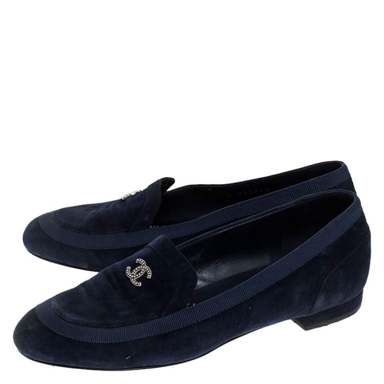 Pre Owned Chanel Blue Suede CC Slip On Loafers Size 36