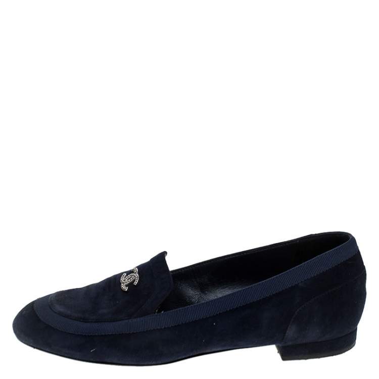 Pre Owned Chanel Blue Suede CC Slip On Loafers Size 36