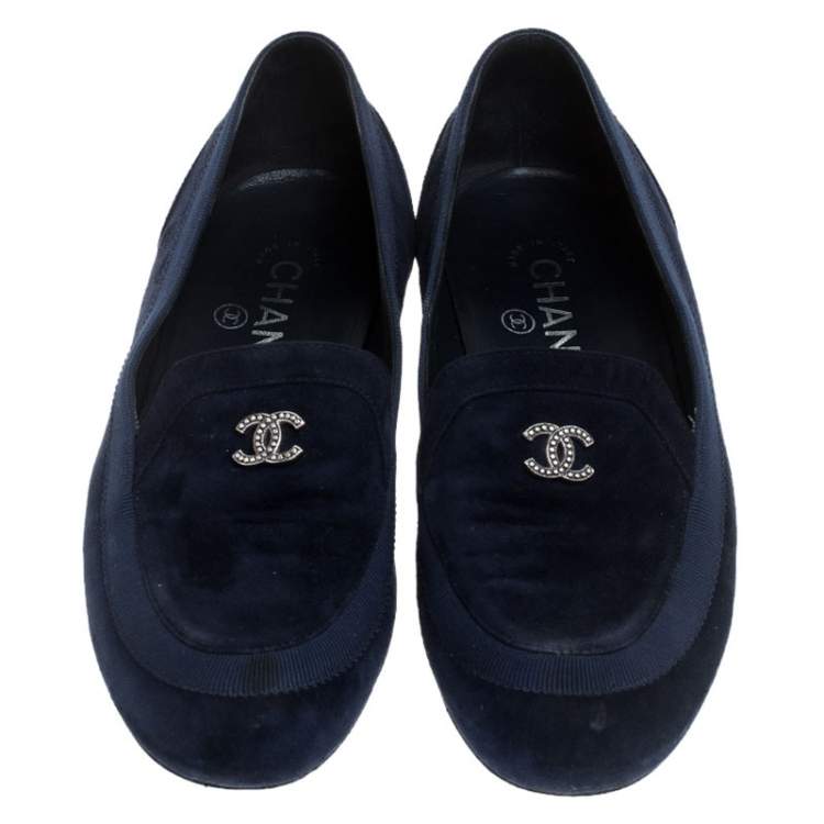 Pre Owned Chanel Blue Suede CC Slip On Loafers Size 36