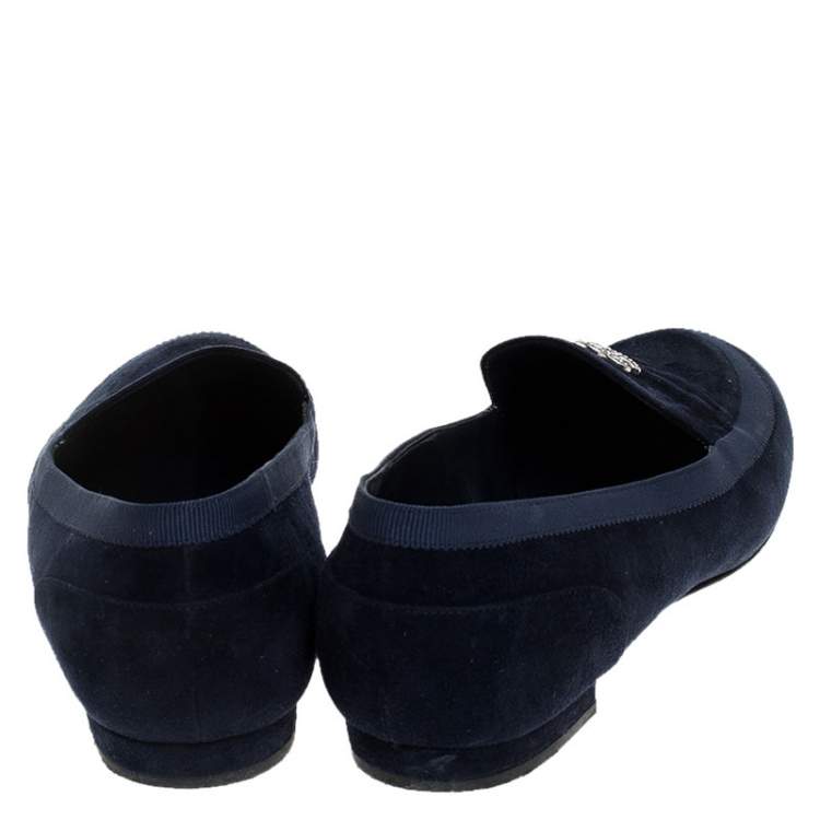 Pre Owned Chanel Blue Suede CC Slip On Loafers Size 36
