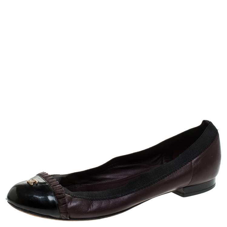 Chanel Burgundy/Black Patent and Leather CC Bow Cap Toe Ballet