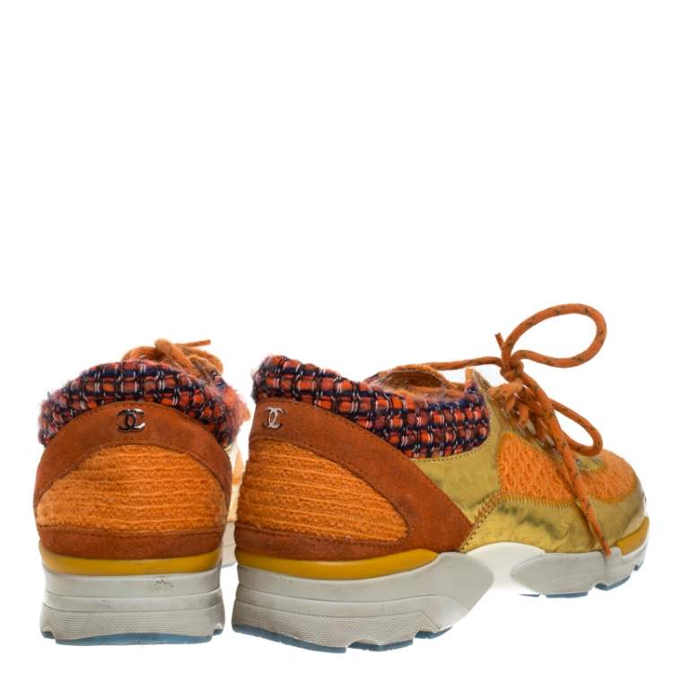 Pre Owned Chanel Multicolor Tweed, Suede and Metallic Leather Lace Up Sneakers Size 37