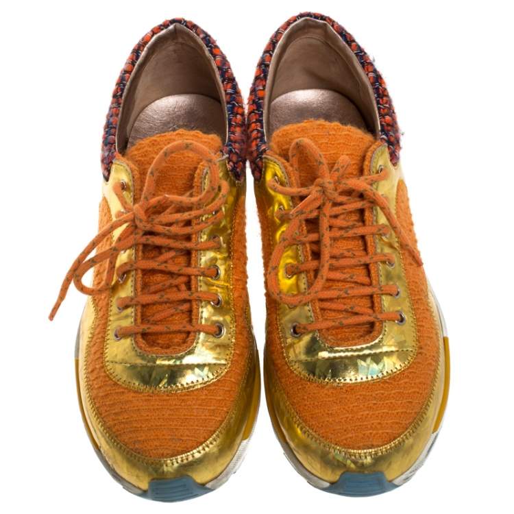 Pre Owned Chanel Multicolor Tweed, Suede and Metallic Leather Lace Up Sneakers Size 37