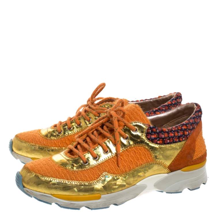Pre Owned Chanel Multicolor Tweed, Suede and Metallic Leather Lace Up Sneakers Size 37