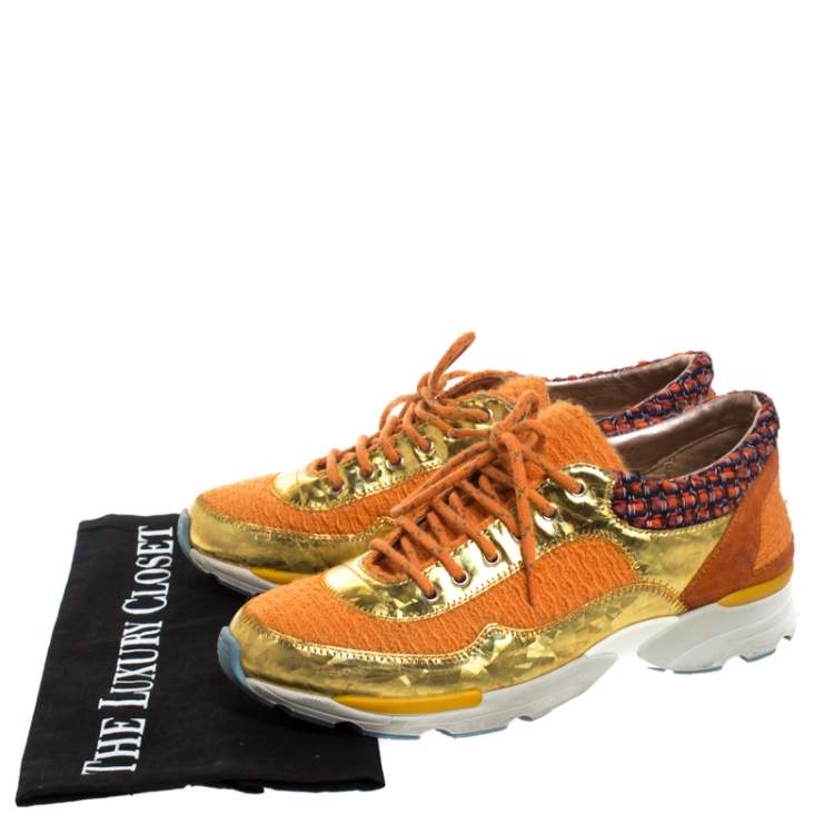 Pre Owned Chanel Multicolor Tweed, Suede and Metallic Leather Lace Up Sneakers Size 37