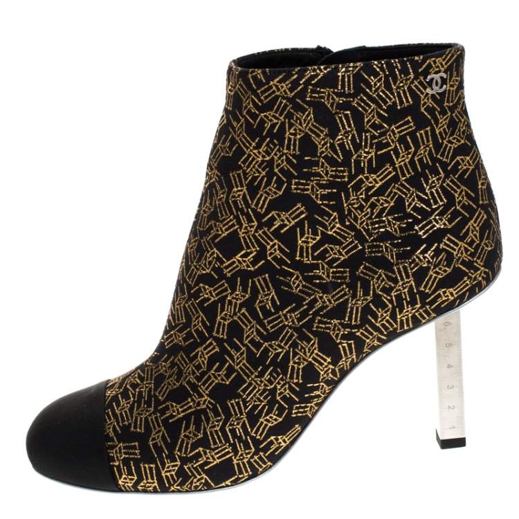 Chanel Black/Gold Printed Fabric Cap Toe Ankle Boots Size 36.5 Chanel