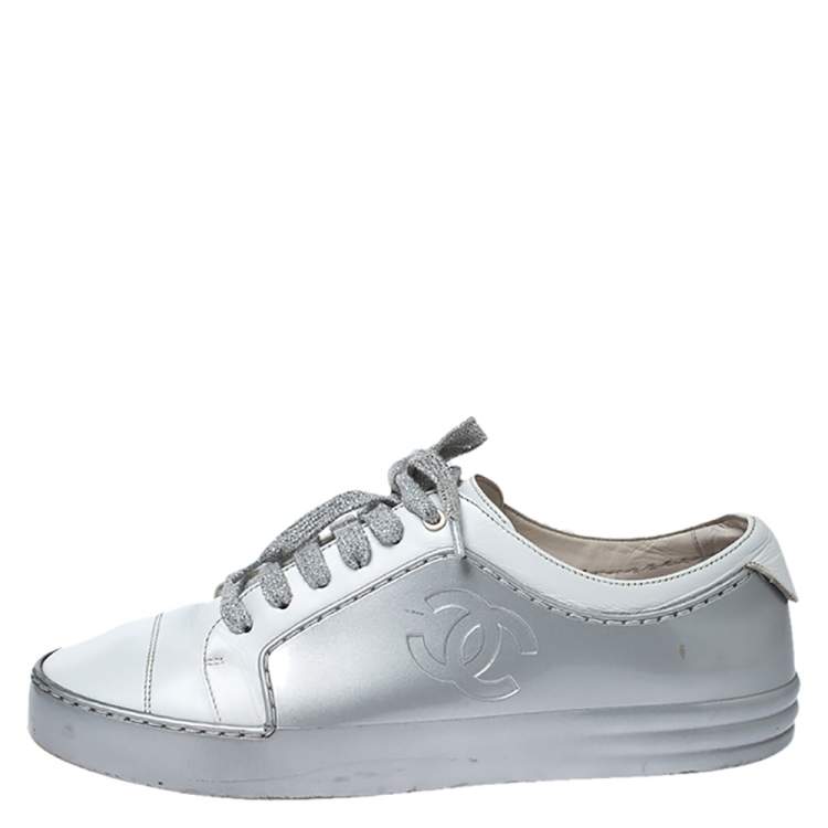 Chanel White/Silver Leather And Rubber CC Cap Toe Lace Up Sneaker Size 38  Chanel | TLC