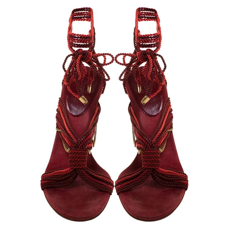 Pre Owned Chanel Two Tone Rope Metal Chain Embellished CC Tie Up Sandals Size 41