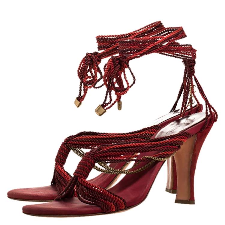 Pre Owned Chanel Two Tone Rope Metal Chain Embellished CC Tie Up Sandals Size 41