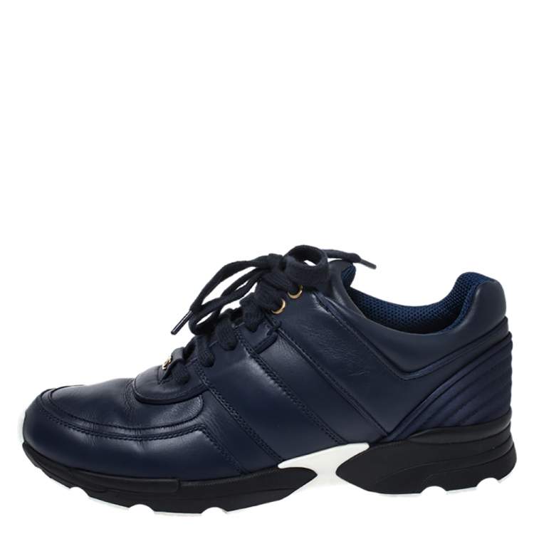 Pre Owned Chanel Blue Leather And Satin Trim CC Low Top Sneaker Size 38