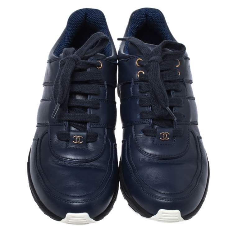 Pre Owned Chanel Blue Leather And Satin Trim CC Low Top Sneaker Size 38
