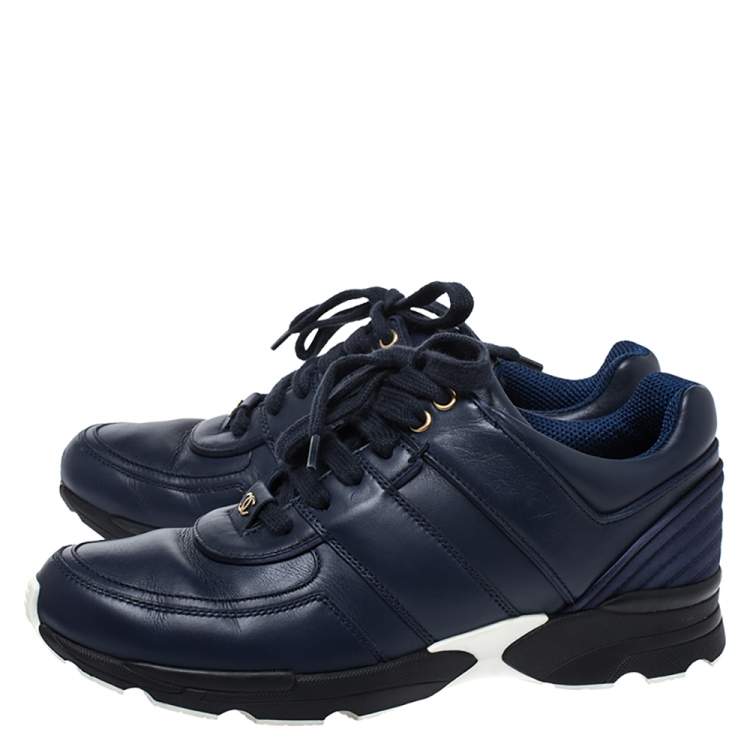 Pre Owned Chanel Blue Leather And Satin Trim CC Low Top Sneaker Size 38