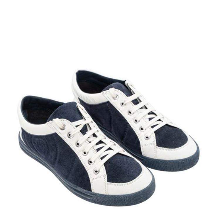Pre Owned Chanel Blue/White Suede Leather CC Low Top Sneakers Size 37
