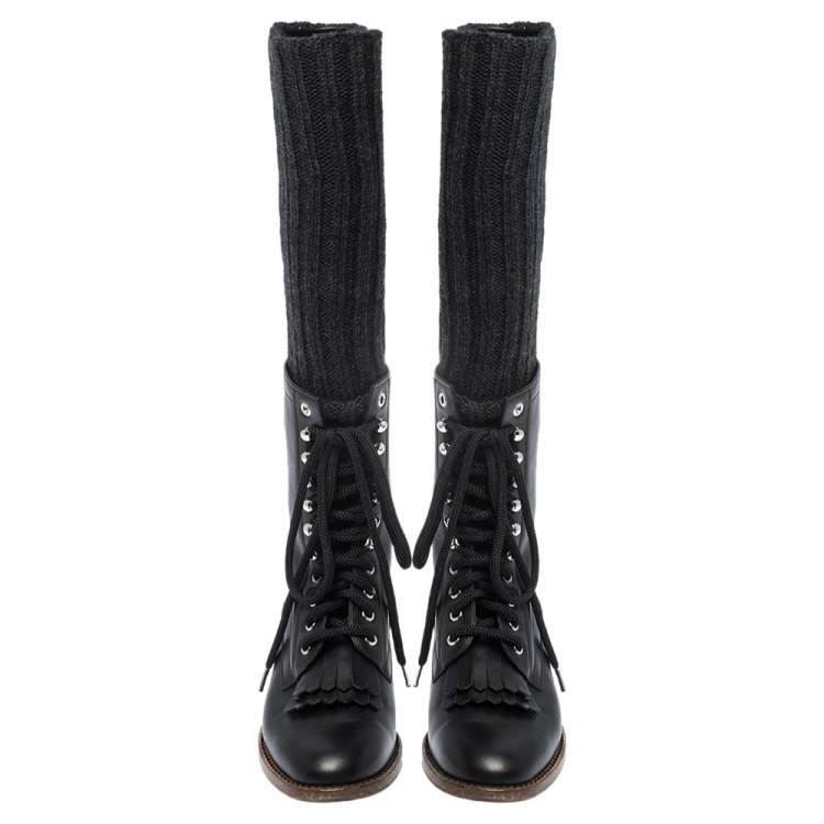eksperimentel aktivering Pløje Chanel Black Leather And Knit Fabric Sock Combat Boots Size 38 Chanel | TLC