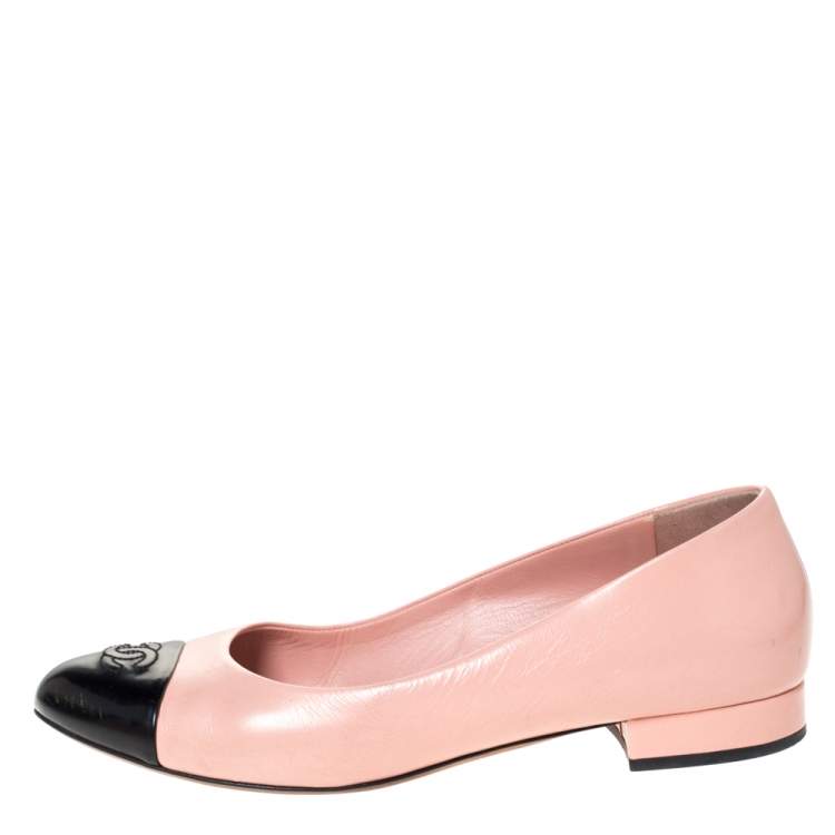 Chanel Pink Leather And Black Patent Leather CC Cap Toe Ballet Flats Size  39.5 Chanel