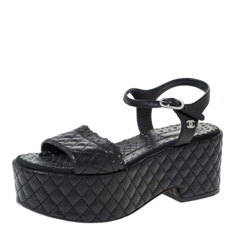 Chanel Black Quilted Leather Logo Wedge Ankle Strap Sandals Size