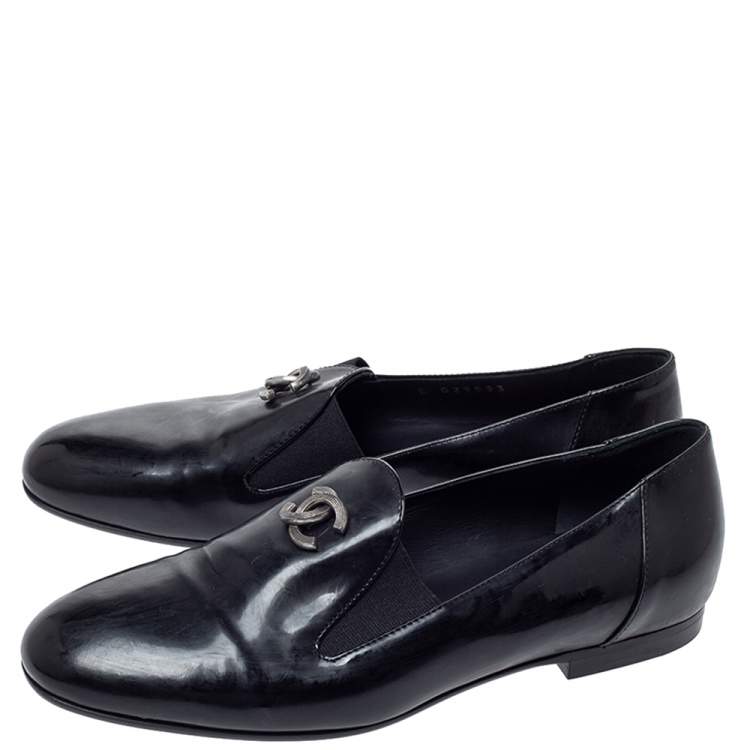 Pre Owned Chanel Black Leather CC Slip On Loafers Size 35.5