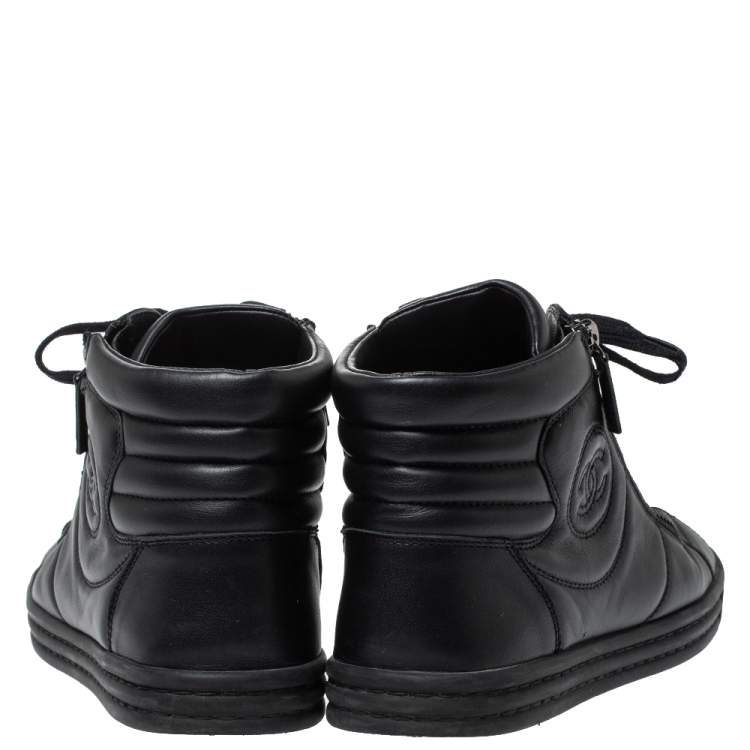 Pre Owned Chanel Black Leather Double Zip CC High Top Sneakers Size 40