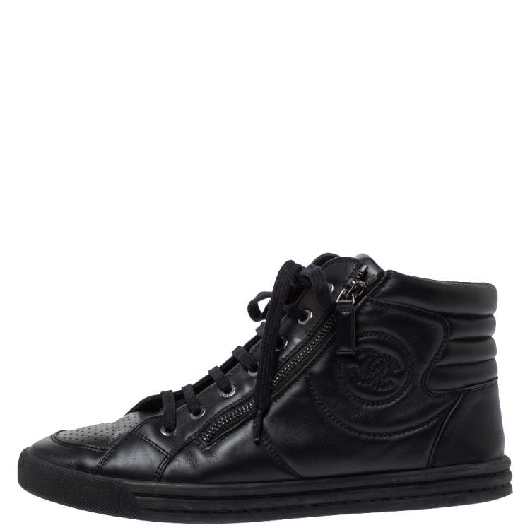 Pre Owned Chanel Black Leather Double Zip CC High Top Sneakers Size 40