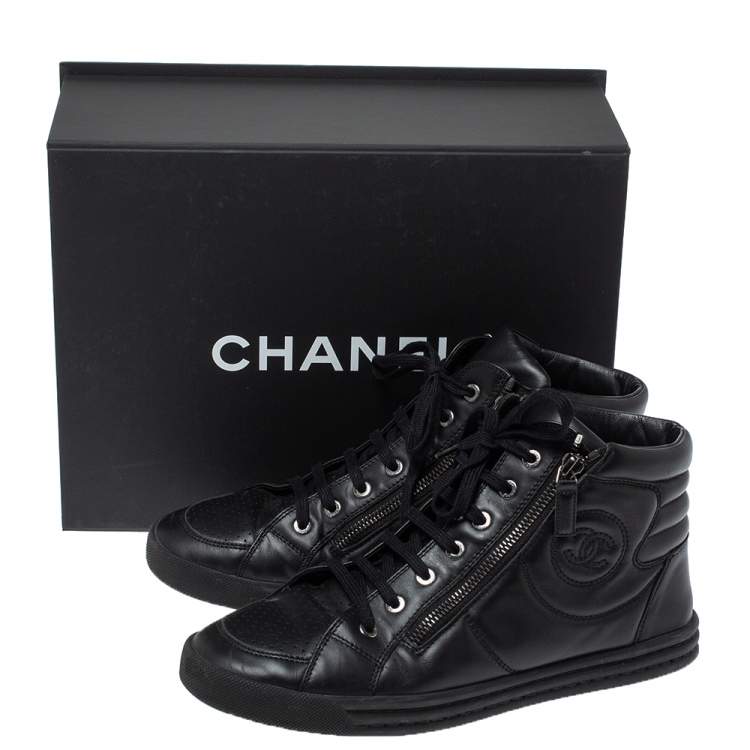 Pre Owned Chanel Black Leather Double Zip CC High Top Sneakers Size 40