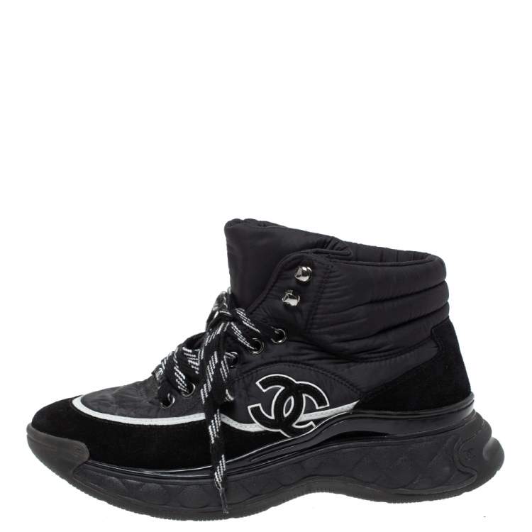 Chanel Black Nylon And Suede High Top Lace Up Sneakers Size 36 Chanel