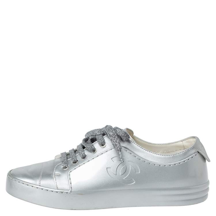 Chanel Silver Patent Vinyl and Fabric CC Lace Up Low Top Sneakers Size   Chanel | TLC