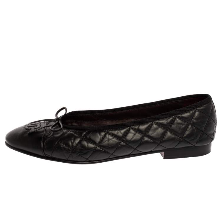 Chanel Black Quilted Leather CC Bow Cap Toe Ballet Flats Size 38.5