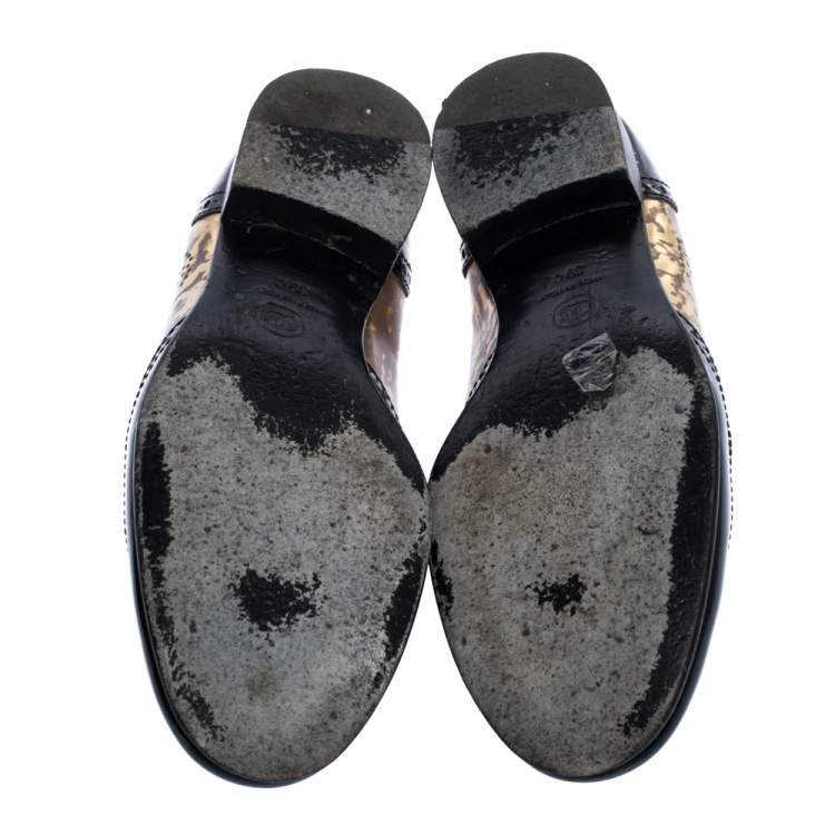 Pre Owned Chanel Metallic Gold And Black Patent Brogue Leather Slip On Oxford Size 39
