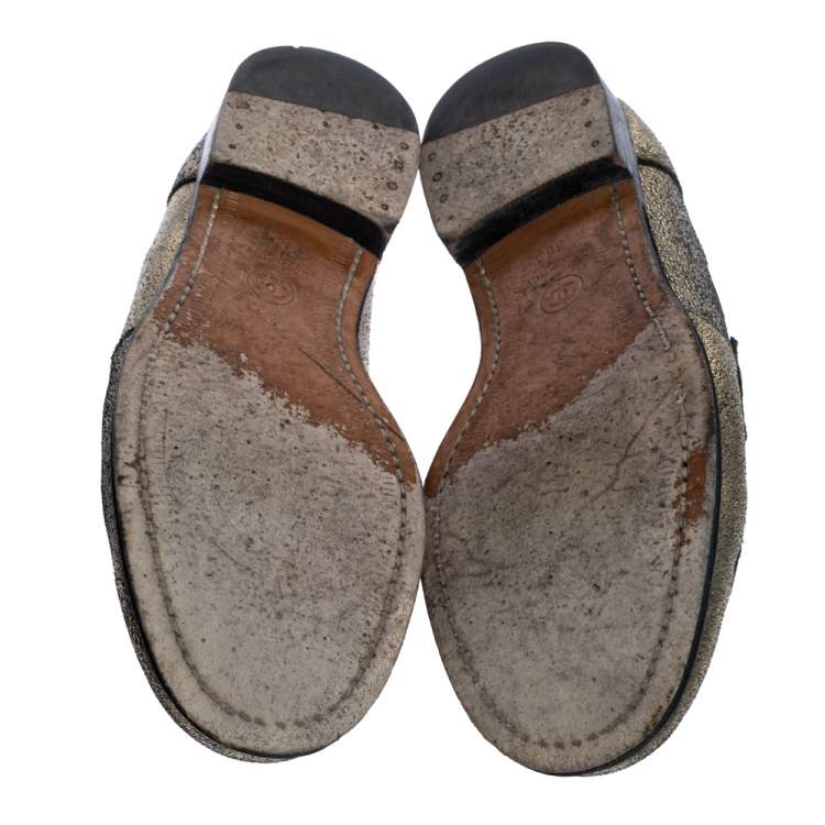 Pre Owned Chanel Metallic Gold Leather CC Slip On Loafers Size 38