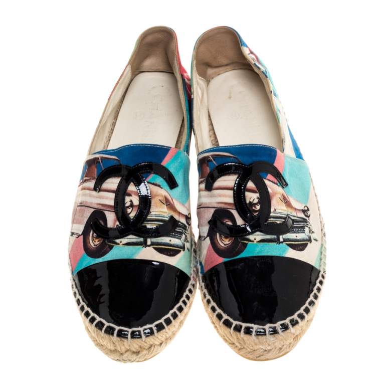 Pre Owned Chanel Multicolor Car Printed Fabric And Patent Leather CC Cap Toe Espadrilles Size 41 