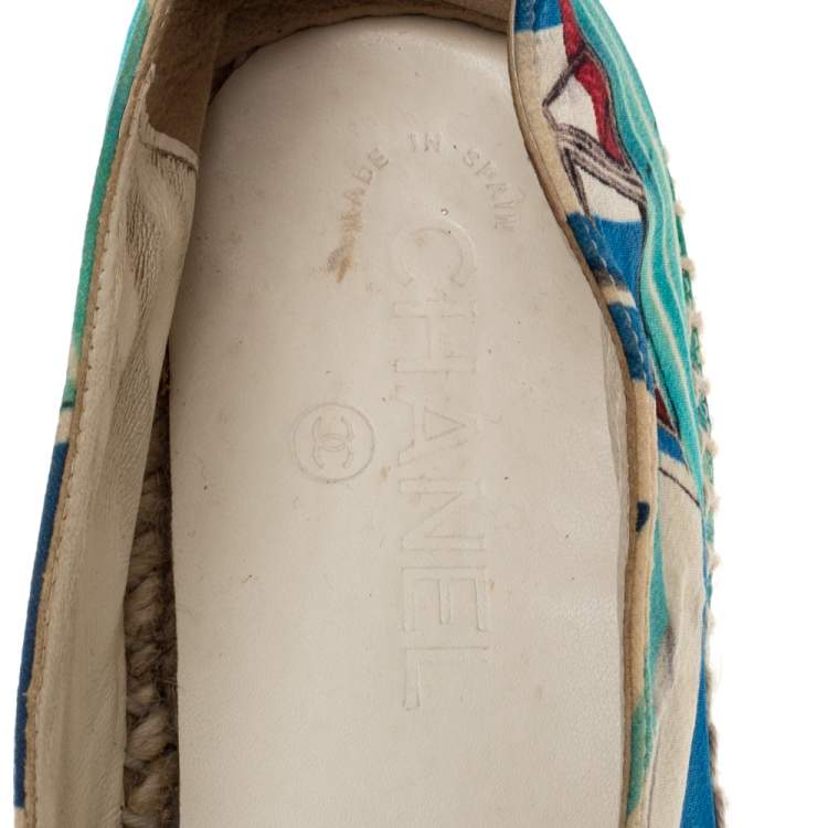 Pre Owned Chanel Multicolor Car Printed Fabric And Patent Leather CC Cap Toe Espadrilles Size 41 
