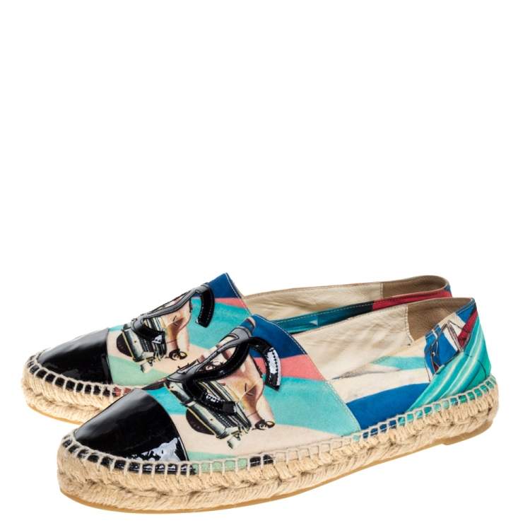Pre Owned Chanel Multicolor Car Printed Fabric And Patent Leather CC Cap Toe Espadrilles Size 41 