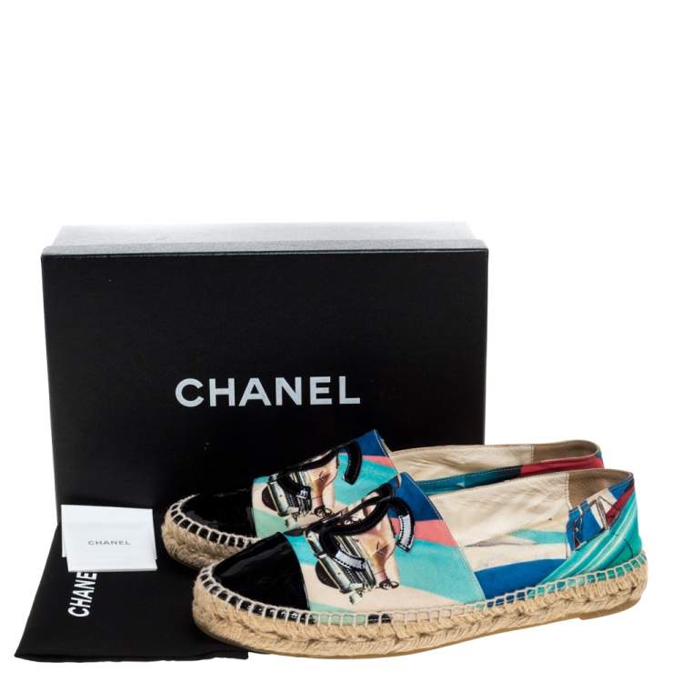 Pre Owned Chanel Multicolor Car Printed Fabric And Patent Leather CC Cap Toe Espadrilles Size 41 