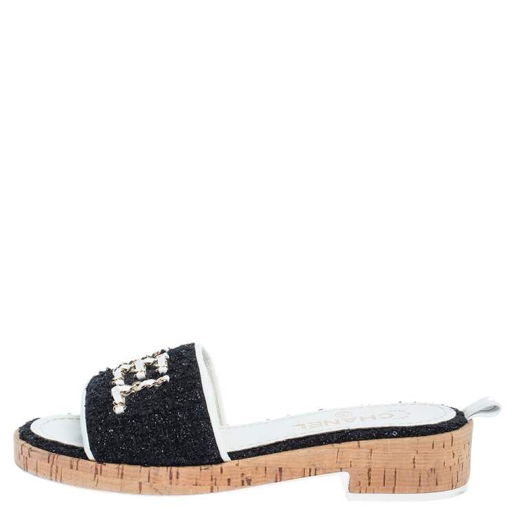 Chanel Black/White Fabric and Sequin Chain Embellished Cork Slide