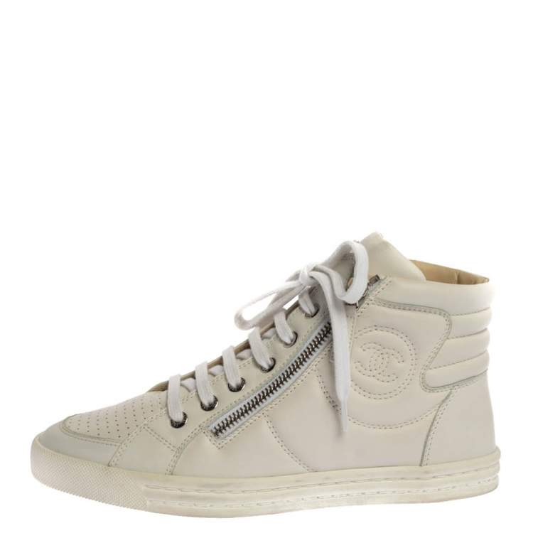 Pre Owned Chanel White Leather CC High Top Sneakers Size 36