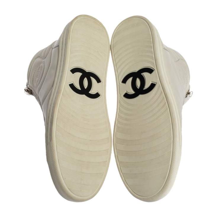 Pre Owned Chanel White Leather CC High Top Sneakers Size 36