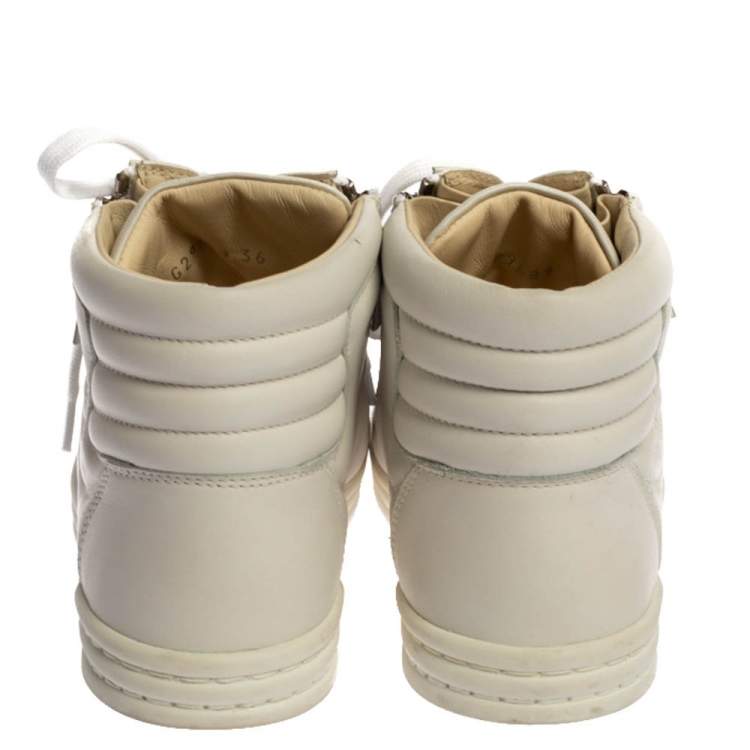 Pre Owned Chanel White Leather CC High Top Sneakers Size 36