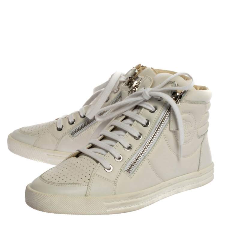 Pre Owned Chanel White Leather CC High Top Sneakers Size 36