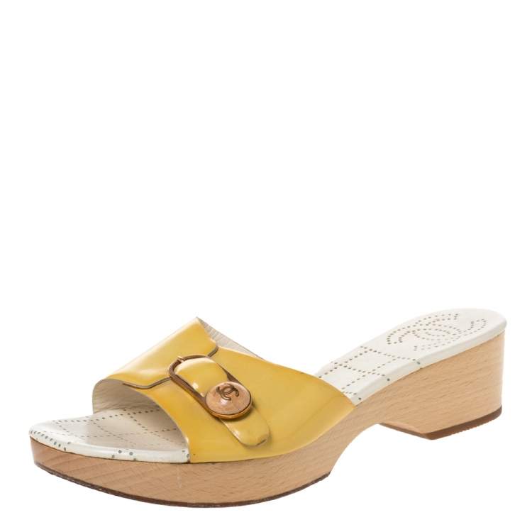 Chanel Yellow Patent Leather CC Buckle Detail Wooden Clog Slides Size 40  Chanel | The Luxury Closet