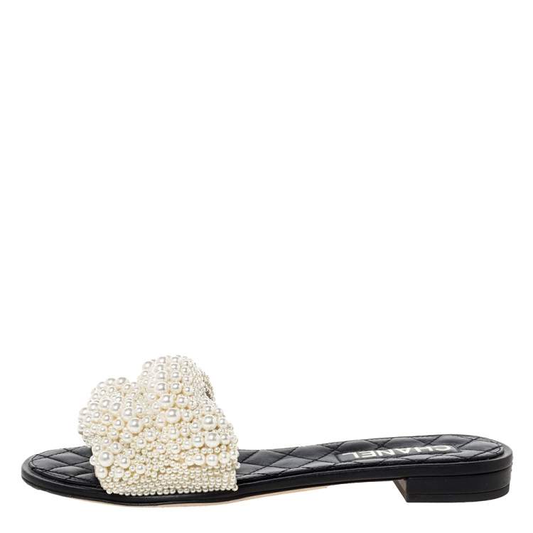 Chanel Crochet Camellia Crisscross Slide Sandals Black Size 37.5
