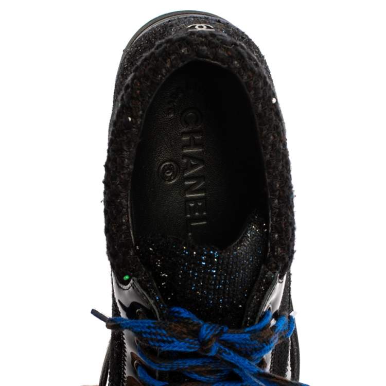 Pre Owned Chanel Black Tweed and Leather Lace Up Sneakers Size 38.5