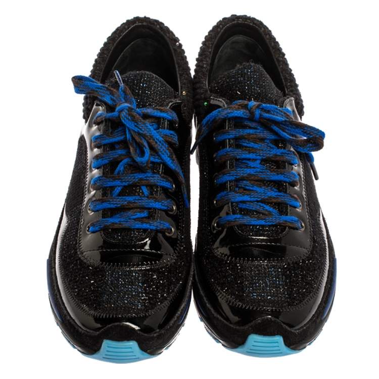 Pre Owned Chanel Black Tweed and Leather Lace Up Sneakers Size 38.5