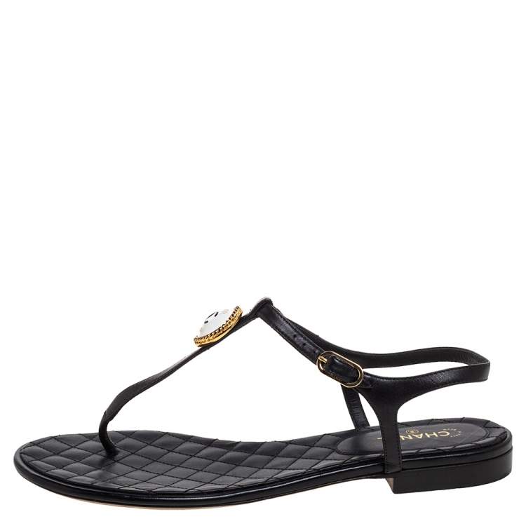 Chanel Black Leather CC Thong Flat Sandals Size 41.5 Chanel