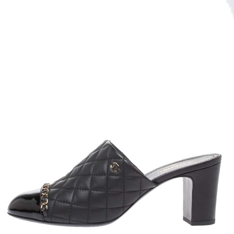Chanel Black Quilted Leather Chain Detail Black Heel Mules Size
