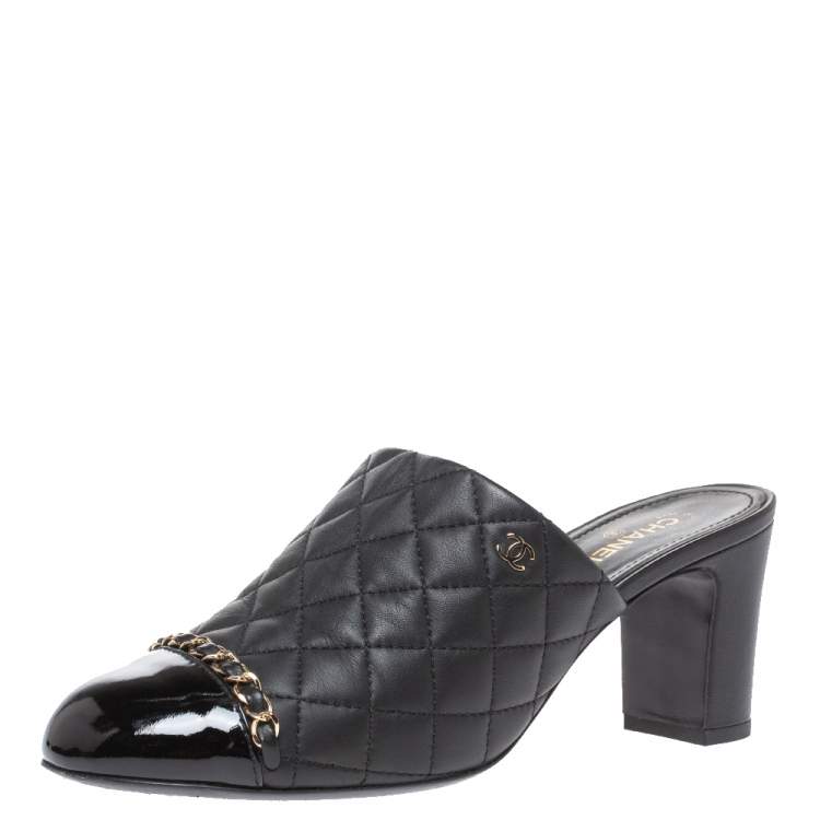 Chanel Black Quilted Leather Chain Detail Black Heel Mules Size 39.5 Chanel  | The Luxury Closet