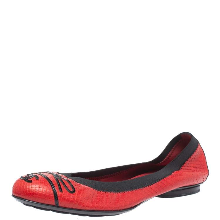 Chanel Red/Black Python CC Bow Scrunch Elastic Ballet Flats Size 38.5  Chanel | The Luxury Closet