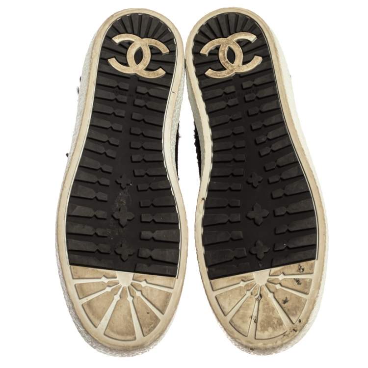 Pre Owned Chanel Black Tweed Fabric And Suede Leather High Top Sneakers Size 39