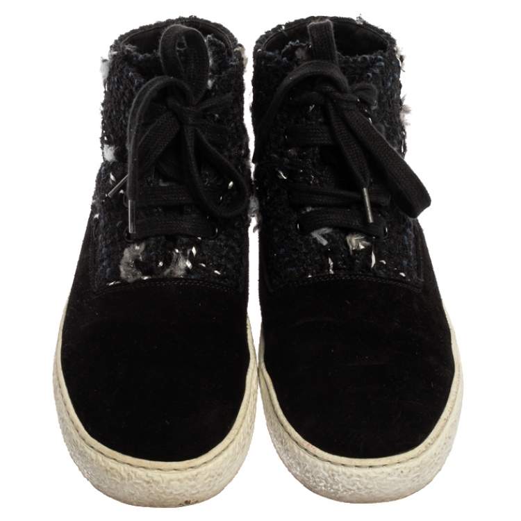 Pre Owned Chanel Black Tweed Fabric And Suede Leather High Top Sneakers Size 39