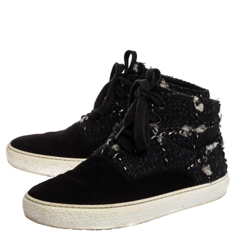 Pre Owned Chanel Black Tweed Fabric And Suede Leather High Top Sneakers Size 39